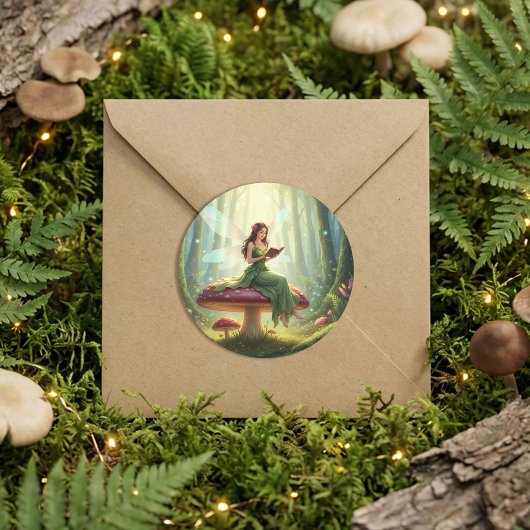 Enchanted Day Fairy Reading a Book Runder Aufkleber