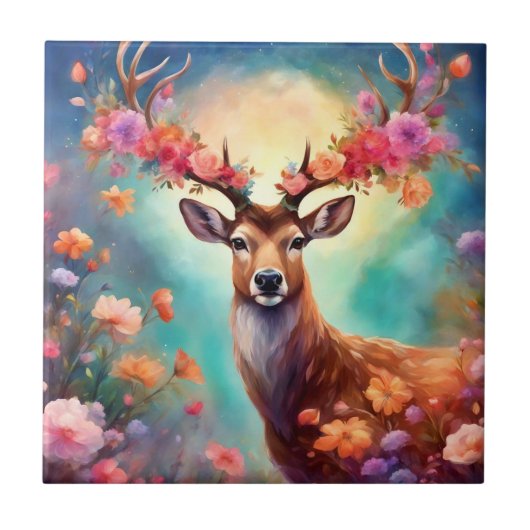 Enchanted Deer With Flowers Fliese (Vorderseite)