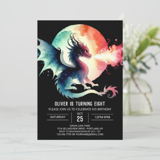 Enchanted Dragon Birthday Children Einladung (Stehend Vorderseite)