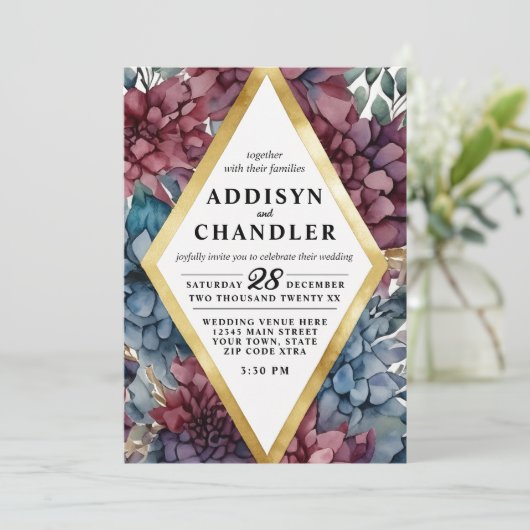 Enchanted Elegance Jewel Toned Floral Wedding Einladung (Stehend Vorderseite)