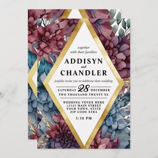 Enchanted Elegance Jewel Toned Floral Wedding Einladung (Vorne/Hinten)