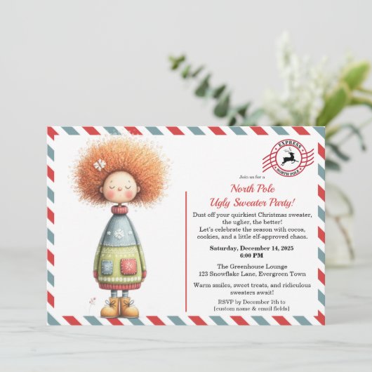 Enchanted Elf | North Pole Ugly Sweater Party Einladung (Stehend Vorderseite)