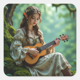Enchanted  Elven Fairy Playing Ukulele Quadratischer Aufkleber