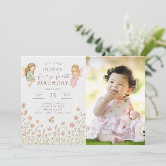 Enchanted Fairy First Birthday Einladung (Stehend Vorderseite)