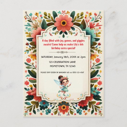 Enchanted Fairy Floral Birthday Invitation Postkarte (Vorderseite)