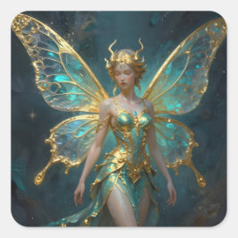 Enchanted Fairy in Gold and Turquoise  Quadratischer Aufkleber