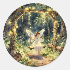 Enchanted Fairy on a Swing in a Magical Forest Runder Aufkleber