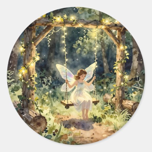 Enchanted Fairy on a Swing in a Magical Forest Runder Aufkleber (Vorderseite)