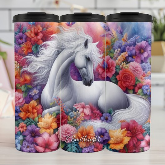 Enchanted Floral White Horse Dream Thermosbecher