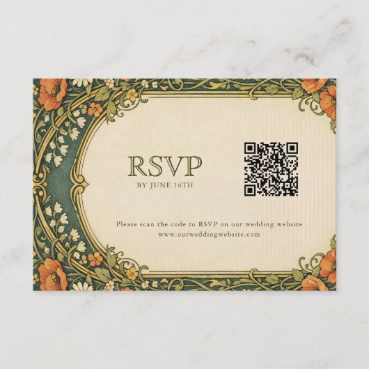 Enchanted Forest Art Nouveau RSVP with QR Code Begleitkarte (Vorderseite)