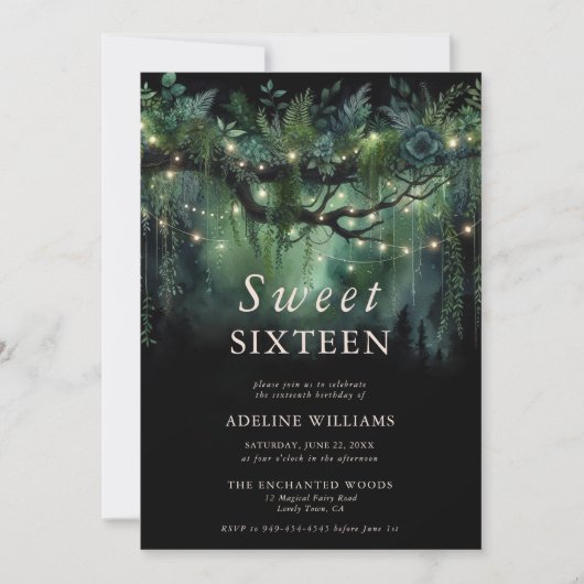 Enchanted Forest Emerald Floral Fairy Sweet 16 Einladung (Vorderseite)