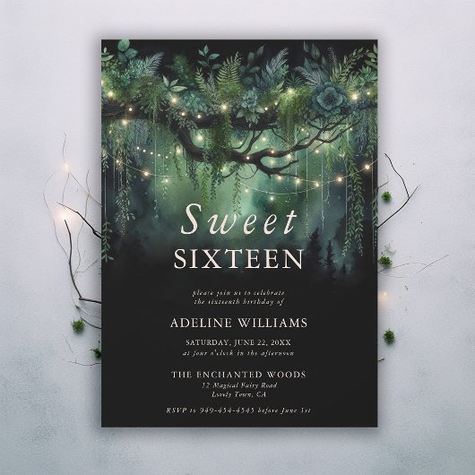 Enchanted Forest Emerald Floral Fairy Sweet 16 Einladung