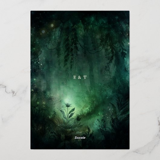 Enchanted Forest Emerald Gold Chic Elegante Hochze Folieneinladung (Rückseite)