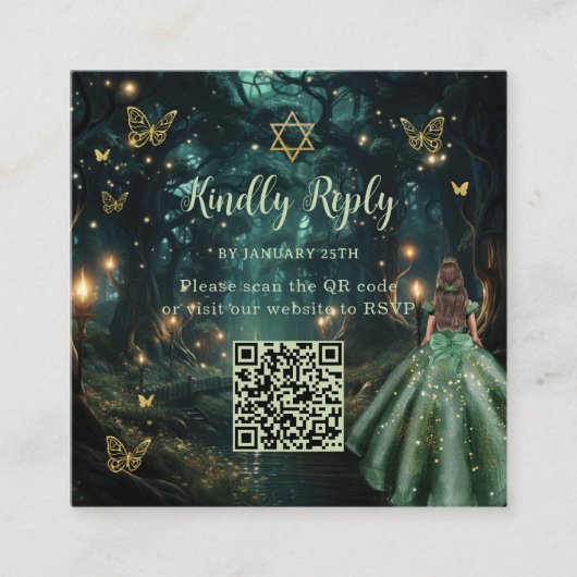 Enchanted Forest Emerald Green Bat Mitzvah QR UAWG Begleitkarte (Vorderseite)