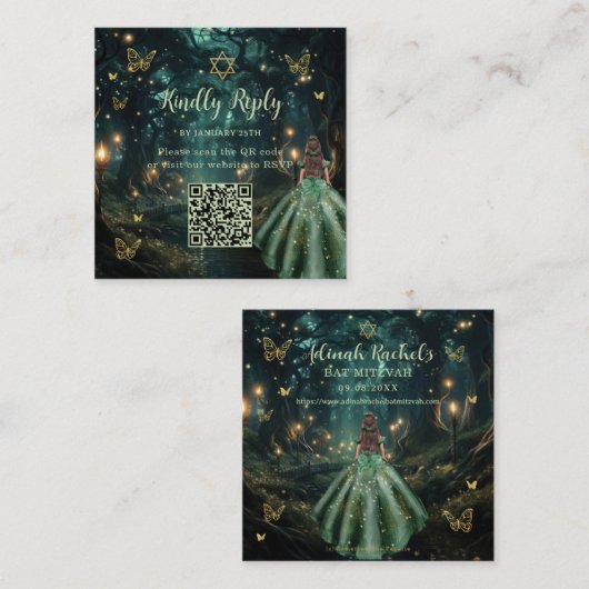 Enchanted Forest Emerald Green Bat Mitzvah QR UAWG Begleitkarte (Vorne/Hinten)