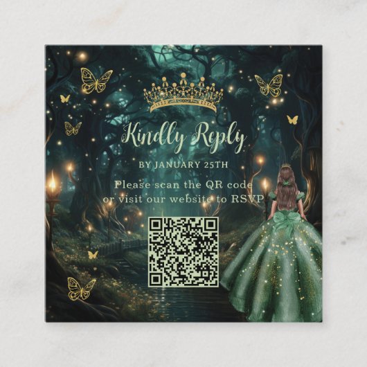 Enchanted Forest Emerald Green Quinceañera QR UAWG Begleitkarte (Vorderseite)
