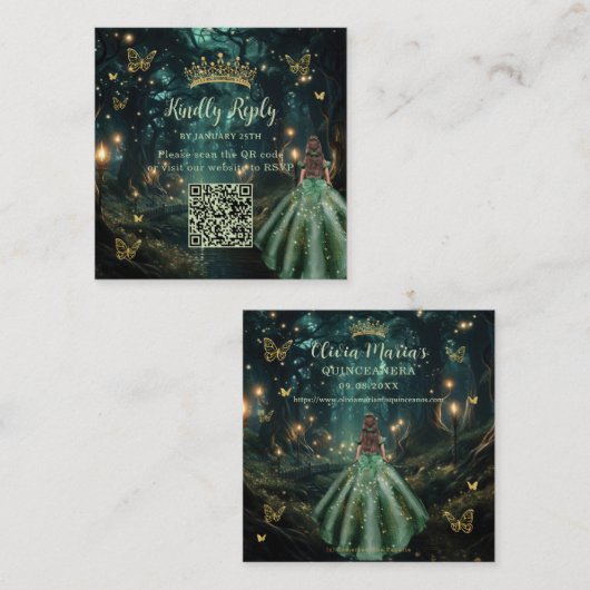 Enchanted Forest Emerald Green Quinceañera QR UAWG Begleitkarte (Vorne/Hinten)