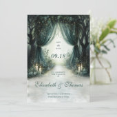 Enchanted Forest Emerald Moody Dark Foto Wedding Save The Date (Stehend Vorderseite)
