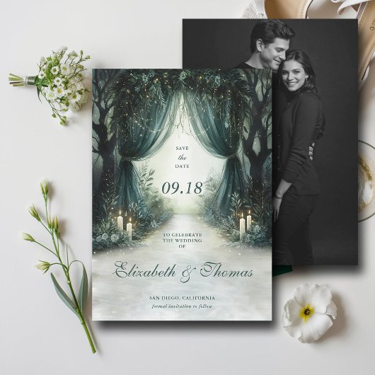 Enchanted Forest Emerald Moody Dark Foto Wedding Save The Date