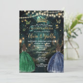 Enchanted Forest Emerald & Navy Twins Quinceañera Einladung (Stehend Vorderseite)