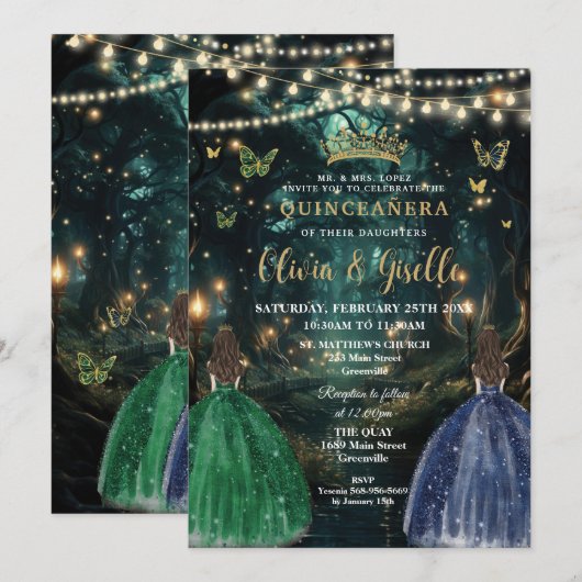 Enchanted Forest Emerald & Navy Twins Quinceañera Einladung (Vorne/Hinten)