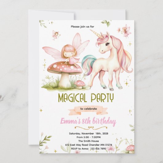 Enchanted Forest Fairy Unicorn Birthday Invitation Einladung (Vorderseite)