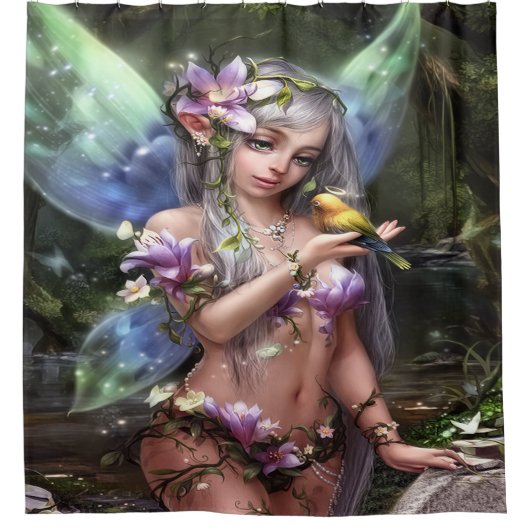 Enchanted Forest Fairy with Golden Bird Duschvorhang (Vorderseite)