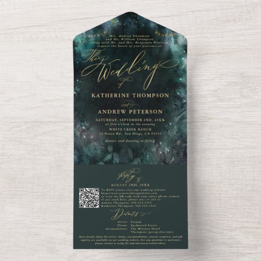 Enchanted Forest Fairy Woodland Emerald Elegant All In One Einladung (Innen Boden)