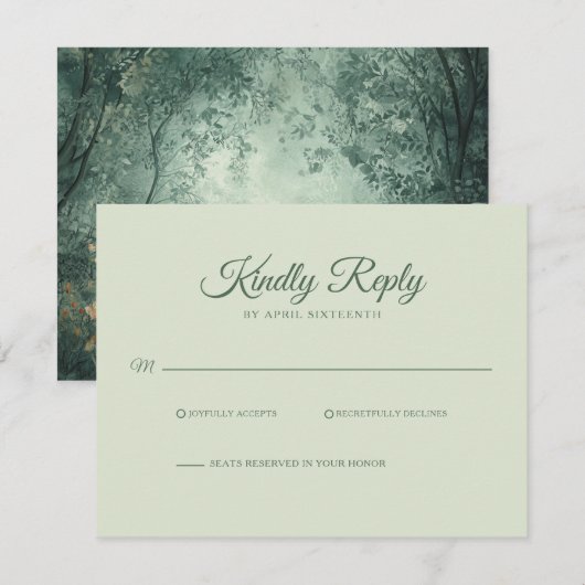 Enchanted Forest  Green Wedding RSVP Karte (Vorne/Hinten)