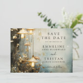 Enchanted Forest Hanging Lanterns Wedding Save The Date (Stehend Vorderseite)