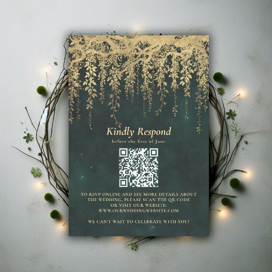 Enchanted Forest Magical Gold Vine Wedding QR RSVP Karte