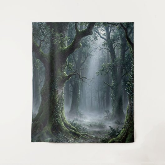 Enchanted Forest | Misty Green Fantasy Tapestry Wandteppich (Vorderseite)