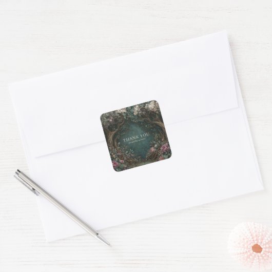 Enchanted Forest Rustic Tree Pink Peony Painterly Quadratischer Aufkleber (Umschlag)