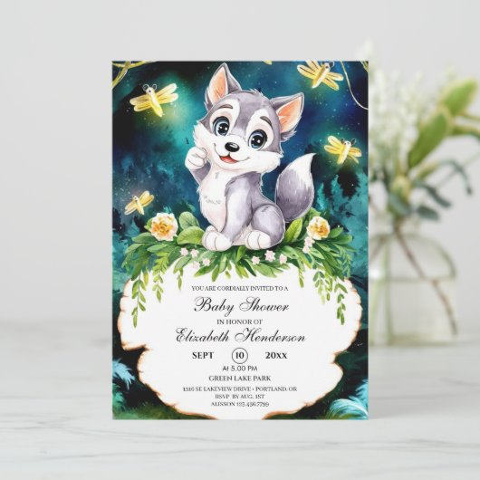 Enchanted Forest Wolf Babydusche Einladung (Stehend Vorderseite)