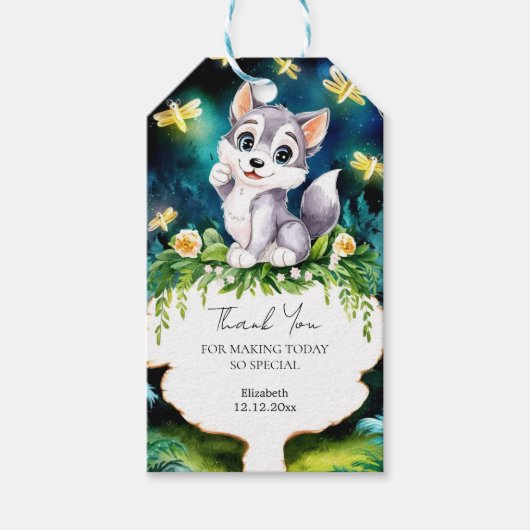 Enchanted Forest Wolf Babydusche Geschenkanhänger (Vorderseite)