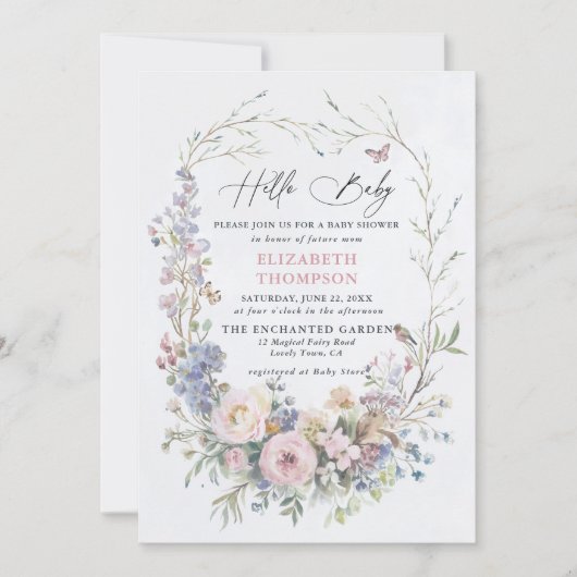 Enchanted Garden Bird Butterfly Pastel Baby Dusche Einladung (Vorderseite)