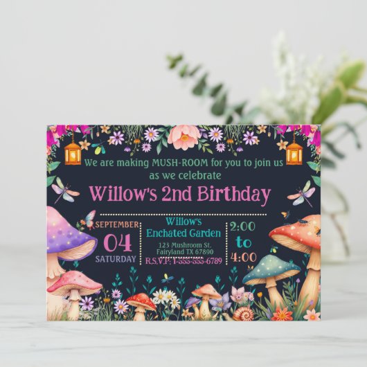 Enchanted Garden Mushroom Birthday Party Invite Einladung (Stehend Vorderseite)