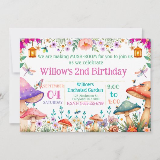 Enchanted Garden Mushroom Birthday Party Invite Einladung (Vorderseite)
