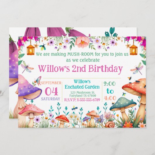 Enchanted Garden Mushroom Birthday Party Invite Einladung (Vorne/Hinten)