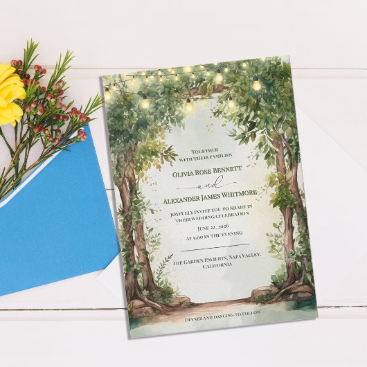 Enchanted Garden String Lights Wedding Invitation Einladungspostkarte