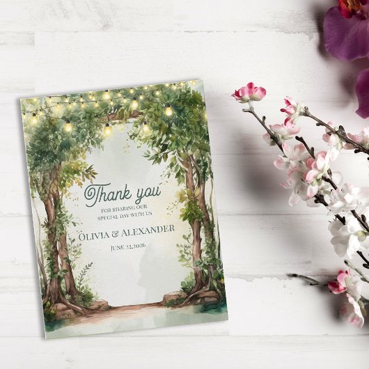 Enchanted Garden String Lights Wedding Thank You Postkarte
