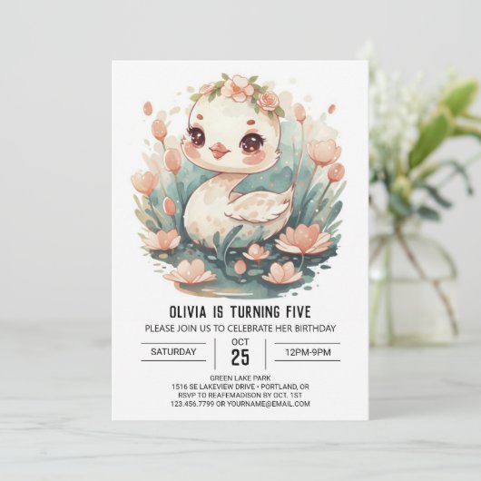 Enchanted Girly Swan Bird Geburtstag Einladung (Stehend Vorderseite)