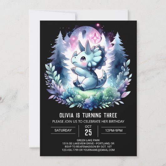 Enchanted Girly Triceratops Geburtstag Einladung (Vorderseite)