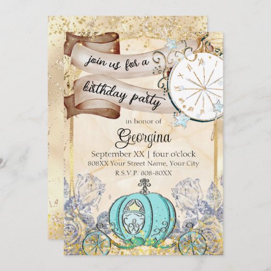 Enchanted Gold Cinderella Fairy Tale Einladung (Vorne/Hinten)