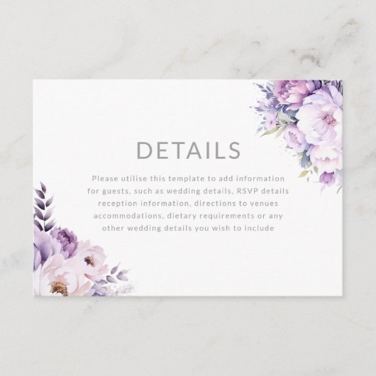 Enchanted Lavender Purple Floral Wedding Details Begleitkarte (Vorderseite)