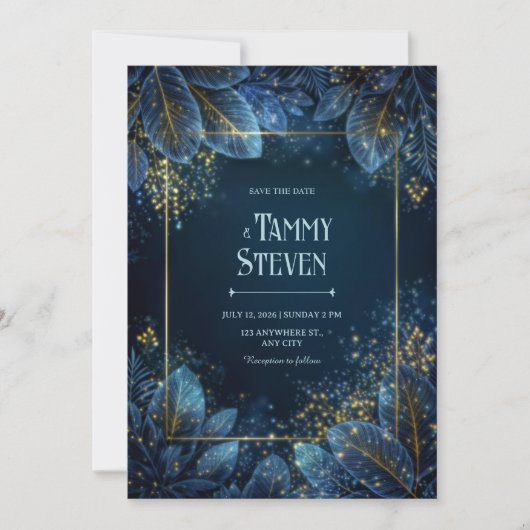 Enchanted Midnight Gold Leaf Forest Wedding Einladung (Vorderseite)