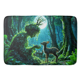 Enchanted nature guardian feeding a baby fawn badematte