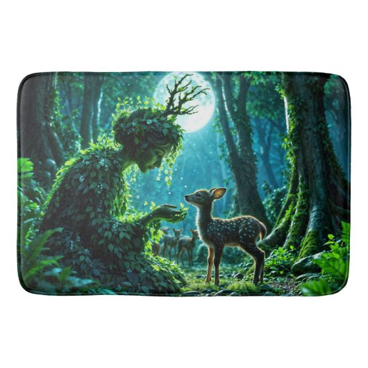 Enchanted nature guardian feeding a baby fawn badematte (Vorderseite)