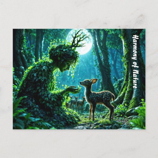 Enchanted nature guardian feeding a baby fawn postkarte (Vorderseite)