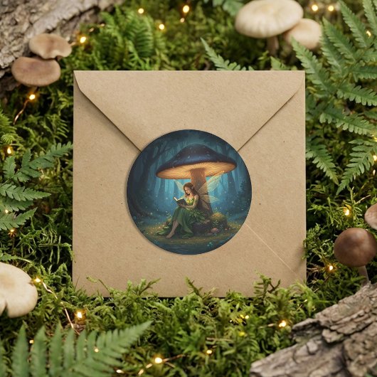 Enchanted Night Fairy Reading a Book Runder Aufkleber